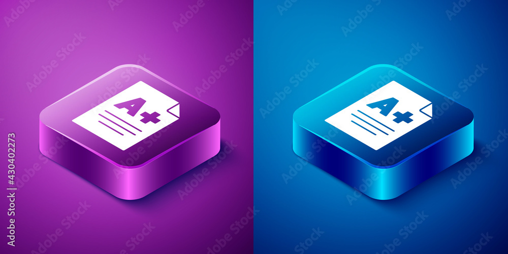 Isometric Exam sheet with A plus grade icon isolated on blue and purple background. Test paper, exam, or survey concept. School test or exam. Square button. Vector Isometric Exam sheet with A plus grade icon isolated on blue and purple background. Test paper, exam, or survey concept. School test or exam. Square button. Vector