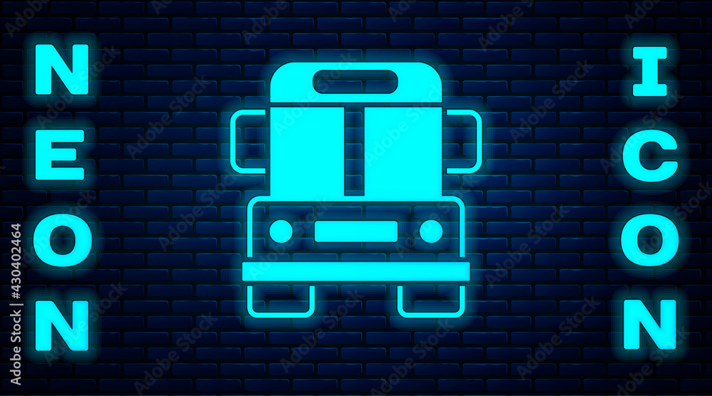 Glowing neon School Bus icon isolated on brick wall background. Public transportation symbol. Vector Glowing neon School Bus icon isolated on brick wall background. Public transportation symbol. Vector
