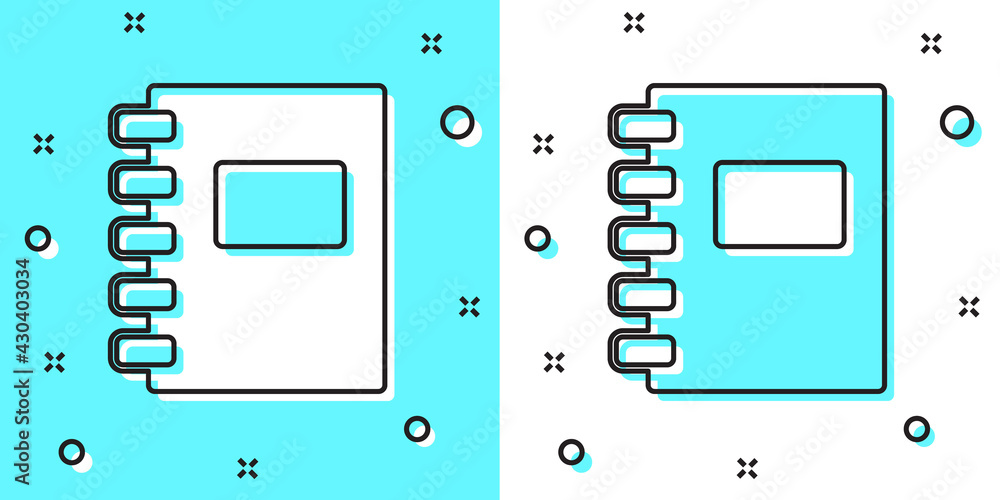 Black line Notebook icon isolated on green and white background. Spiral notepad icon. School notebook. Writing pad. Diary for school. Random dynamic shapes. Vector Black line Notebook icon isolated on green and white background. Spiral notepad icon. School notebook. Writing pad. Diary for school. Random dynamic shapes. Vector