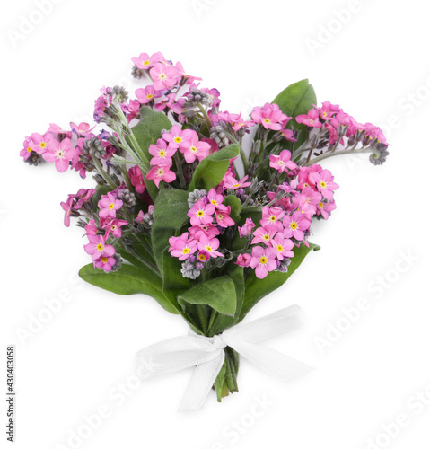 Bouquet of beautiful pink Forget-me-not flowers on white background, top view