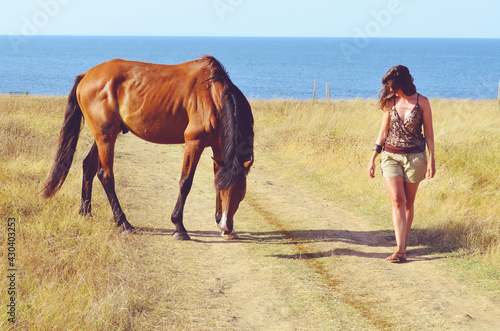 Young Woman Stroking Wild Horse in a Field Against the Sea