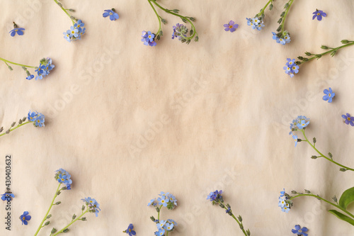 Beautiful Forget-me-not flowers on parchment, flat lay. Space for text