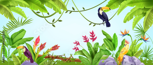 Summer jungle frame, tropical nature bird background, parrot, toucan, banana and palm leaves, liana. Paradise wildlife Hawaii exotic illustration, Amazon environment landscape. Jungle frame with stone