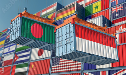 Freight containers with Indonesia and Bangladesh national flags. 3D Rendering 