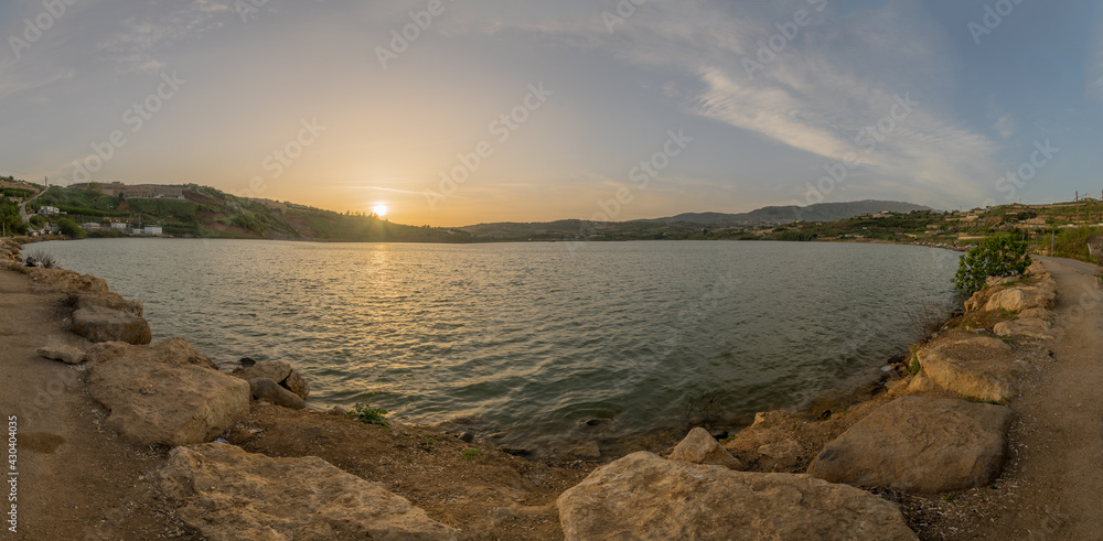 Panoramic sunset view of Lake Ram in the Golan Heights