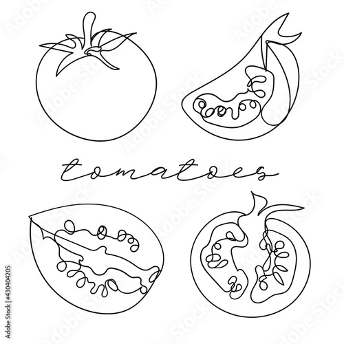 Continuous line drawing of juicy tomatoes set. One line art concept of fresh fruit and vegetable. Vector illustration