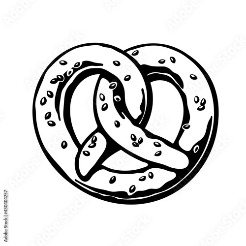 Bavarian pretzel. Black and white vector illustration.