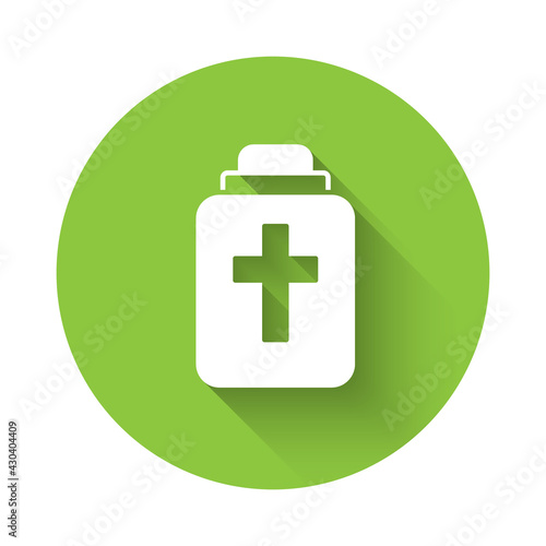 White Funeral urn icon isolated with long shadow. Cremation and burial containers, columbarium vases, jars and pots with ashes. Green circle button. Vector