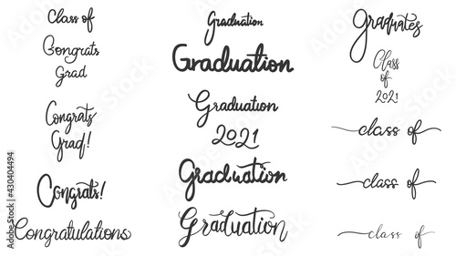 Graduation drawn calligraphy set in congratulations isolated on white background, Vector illustration EPS 10