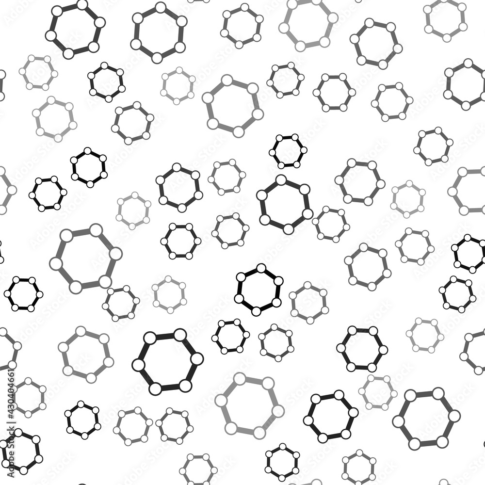Fototapeta premium Black Molecule icon isolated seamless pattern on white background. Structure of molecules in chemistry, science teachers innovative educational poster. Vector