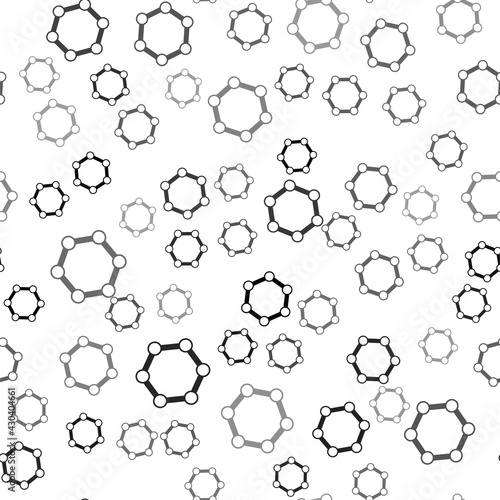 Black Molecule icon isolated seamless pattern on white background. Structure of molecules in chemistry  science teachers innovative educational poster. Vector