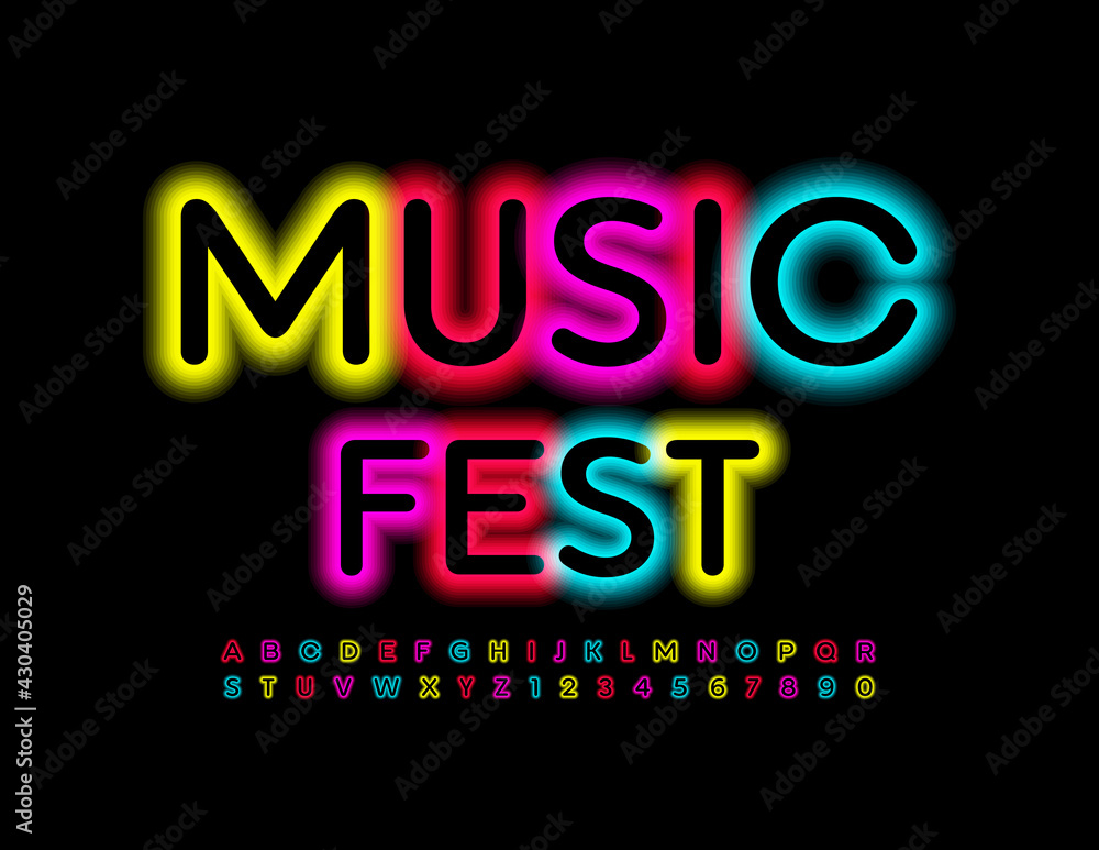 Vector neon poster Music Fest. Bright Illuminated Font. Colorful Alphabet Letters and Numbers set