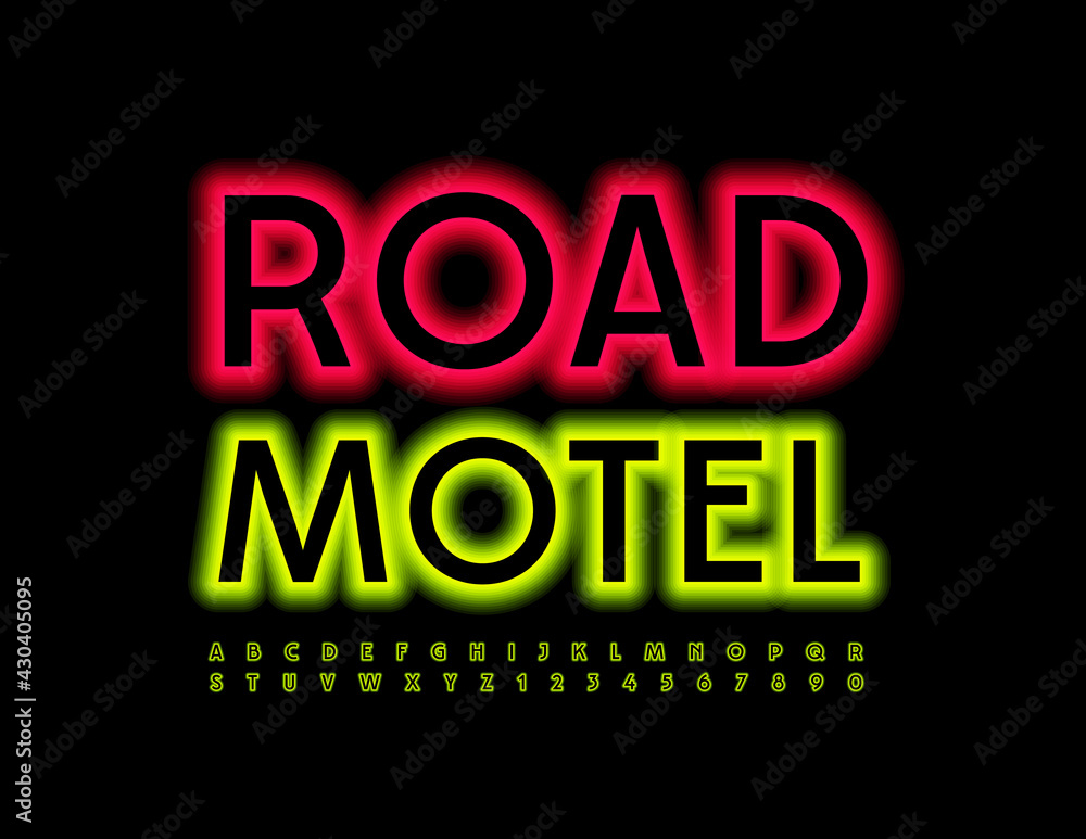 Vector neon Sign Road Motel. Illuminated light Font. Glowing set of Alphabet Letters and Number
