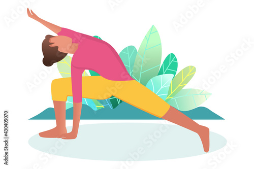 A woman does yoga in nature. The yoga pose is called 'triangle'. The concept of healthy living and yoga in nature. Flat. Cartoon style. Vector.