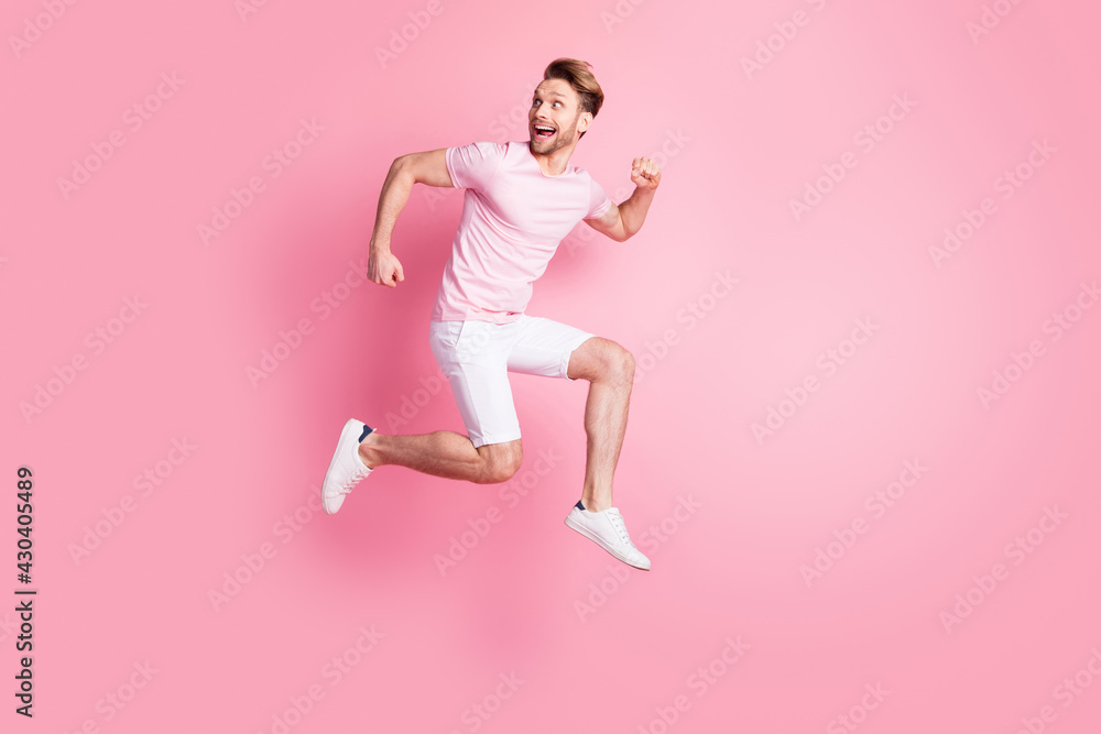 Full size profile photo of carefree astonished person look empty space open mouth isolated on pink color background