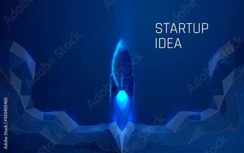 rocket launch and clouds of smoke, starship taking off upward. creating a startup business idea.dark-blue background. Wireframe. Isolated vector illustration. plexus. low poly.dots.triangle.Modern 3d 