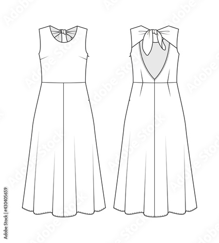 Fashion technical drawing of open back dress. Fashion illustrashion of summer dress.