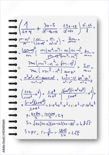 Ink scrawls on a white notebook. Notepad, formulas, shapes, geometry. The concept of education. Illustrations can be used to return to the school topic, algebra, natural sciences