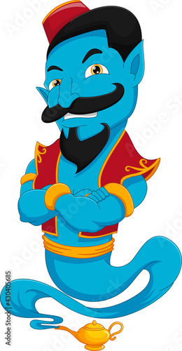 Cartoon genie coming out of gold magic lamp