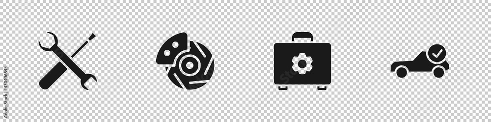 Set Screwdriver and wrench spanner, Car brake disk with caliper, Toolbox and Auto service check automotive icon. Vector Set Screwdriver and wrench spanner, Car brake disk with caliper, Toolbox and Auto service check automotive icon. Vector