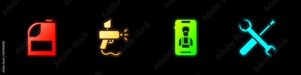 Set Canister for motor machine oil, Paint spray gun, Online car services and Screwdriver and wrench spanner icon. Vector