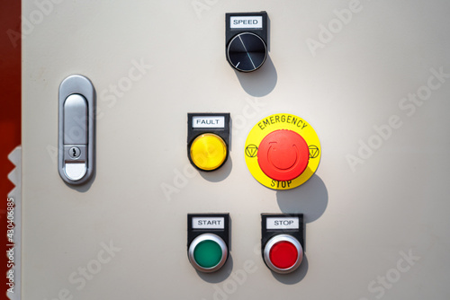 Emergency shutdown (ESD) switch on machinery system control panel, Pushing to stop the machine suddenly in case of emergency accident.