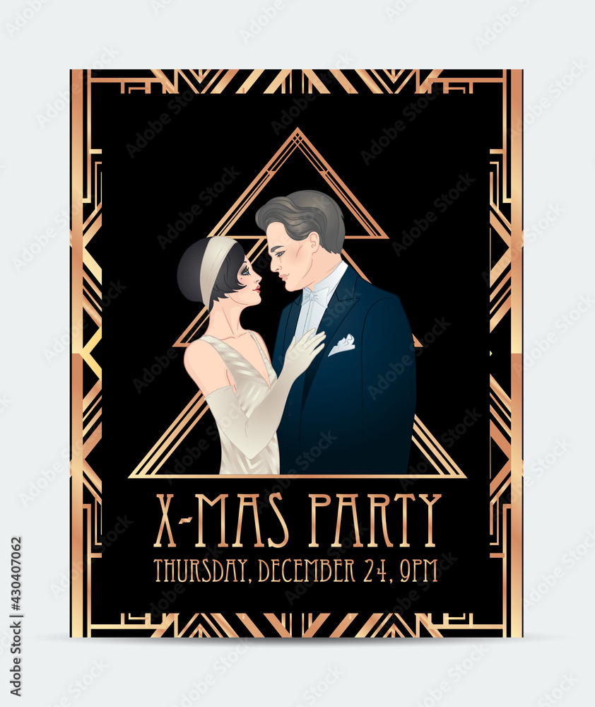 Beautiful couple in art deco style. Retro fashion: glamour man and woman of twenties. Vector illustration. Flapper 20's style. Vintage party or thematic wedding invitation design template. - obrazy, fototapety, plakaty 