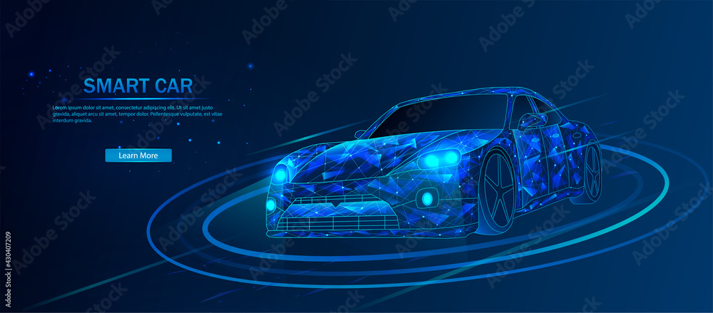 Smart car, a futuristic polygonal car model. Smart automatic AI. Frame in a linear low-poly style. Smart car. Vector illustration in polygonal style. Smart car, a futuristic polygonal car model. Smart automatic AI. Frame in a linear low-poly style. Smart car. Vector illustration in polygonal style.