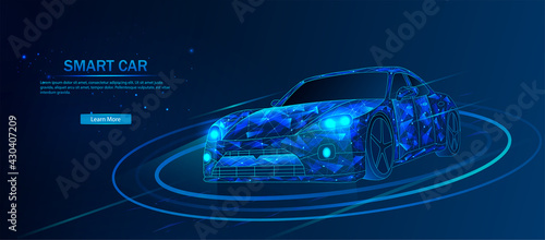 Smart car, a futuristic polygonal car model. Smart automatic AI. Frame in a linear low-poly style. Smart car. Vector illustration in polygonal style. 