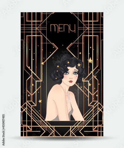 Art Deco vintage illustration of flapper girl. Retro party character in 1920 s style. Vector design for glamour event or jazz party.