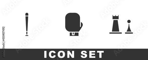 Set Baseball bat, Boxing glove and Chess icon. Vector