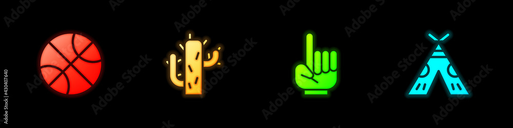 Fototapeta Set Basketball ball, Cactus, Number 1 one fan hand glove and Indian teepee or wigwam icon. Vector