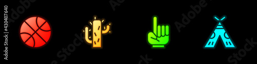 Set Basketball ball, Cactus, Number 1 one fan hand glove and Indian teepee or wigwam icon. Vector