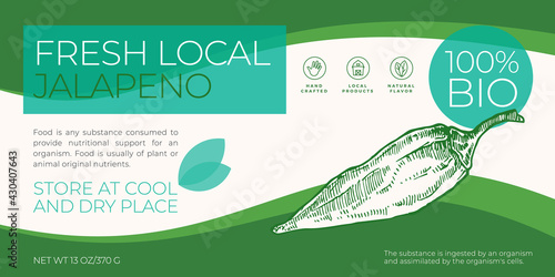 Fresh Local Vegetables Label Template. Abstract Vector Packaging Horizontal Design Layout. Modern Typography Banner with Hand Drawn Jalapeno Pepper Sketch Silhouette Background. Isolated