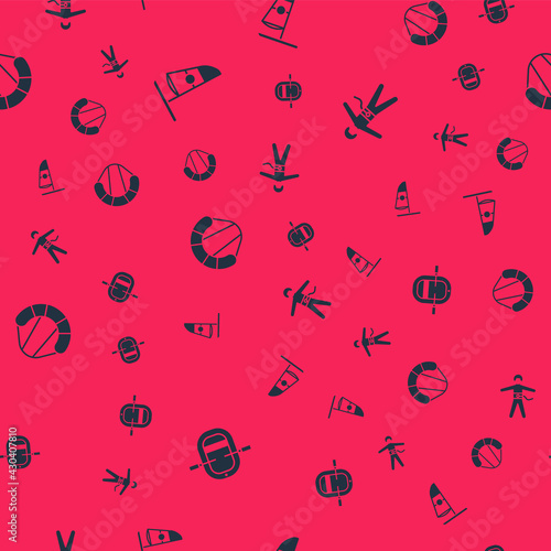 Set Rafting boat, Windsurfing, Parachute and Bungee jumping on seamless pattern. Vector
