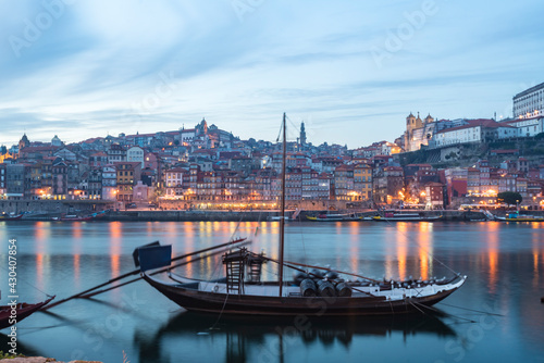 Portugal, Porto, Traditional rabelo boats on Douro river at dusk photo