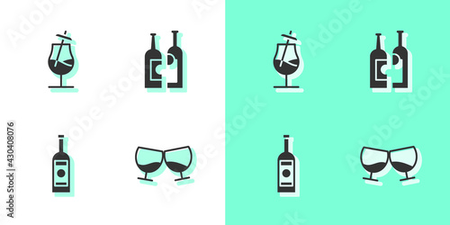 Set Glass of cognac or brandy, Cocktail, bottle vodka and Bottles wine icon. Vector