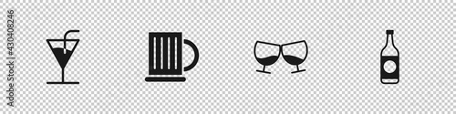 Set Cocktail, Wooden beer mug, Glass of cognac or brandy and Beer bottle icon. Vector