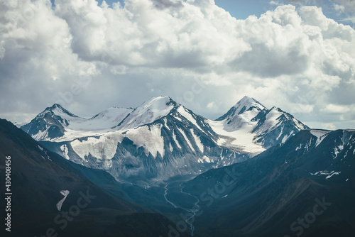 Atmospheric alpine view to big snowy mountains with glacier. Wonderful highland scenery with great mountains with snow on tops. Amazing mountain landscape with glaciers and melt water streams.
