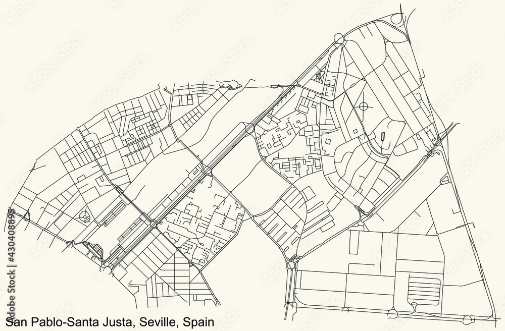 Black simple detailed street roads map on vintage beige background of the quarter San Pablo-Santa Justa district of Seville, Spain