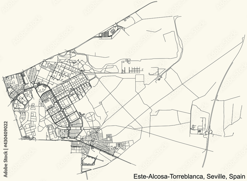 Naklejka premium Black simple detailed street roads map on vintage beige background of the quarter Este-Alcosa-Torreblanca district of Seville, Spain