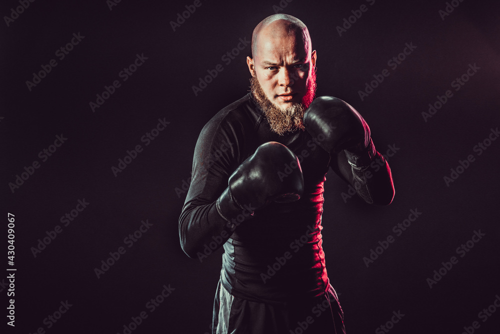 Aggressive bearded boxer on dark background in studio