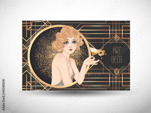 Art Deco vintage illustration of flapper girl. Retro party character in 1920 s style. Vector design for glamour event or jazz party.