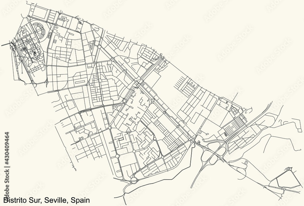 Black simple detailed street roads map on vintage beige background of the quarter Distrito Sur district of Seville, Spain