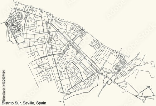 Black simple detailed street roads map on vintage beige background of the quarter Distrito Sur district of Seville, Spain