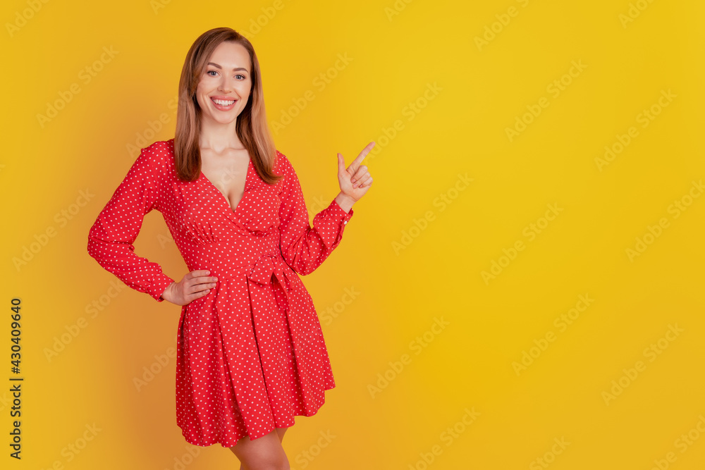 Photo of charming tender elegant woman direct finger empty space Photo of charming tender elegant woman direct finger empty space