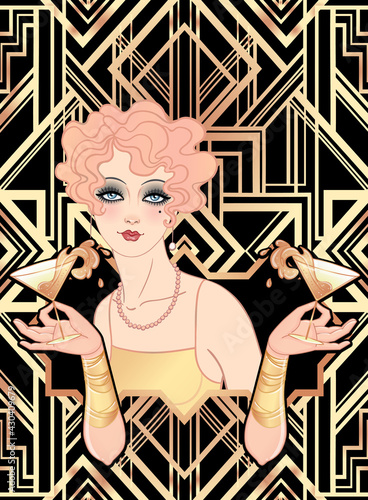 Art Deco vintage illustration of flapper girl. Retro party character in 1920 s style. Vector design for glamour event or jazz party.