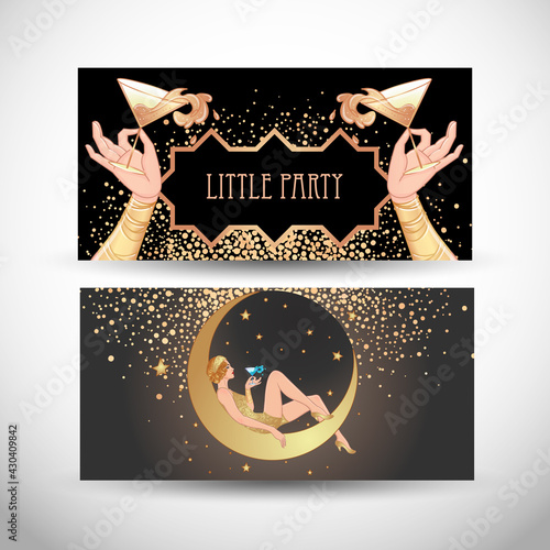 Art Deco vintage illustration of flapper girl. Retro party character in 1920 s style. Vector design for glamour event or jazz party.