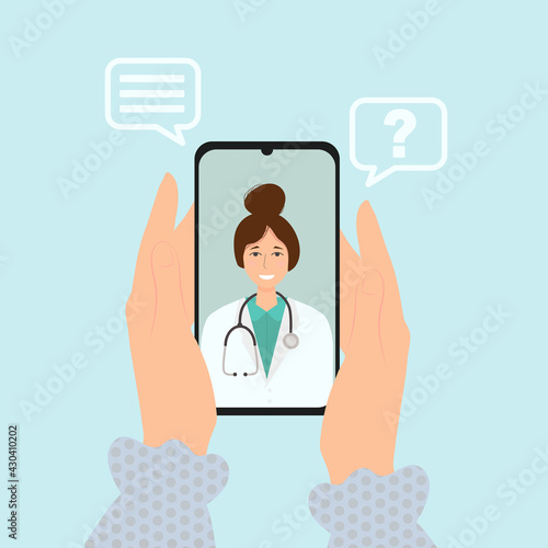 Online doctor video calling on a smartphone. Online medical advice or consultation service, diagnostics, telemedicine.