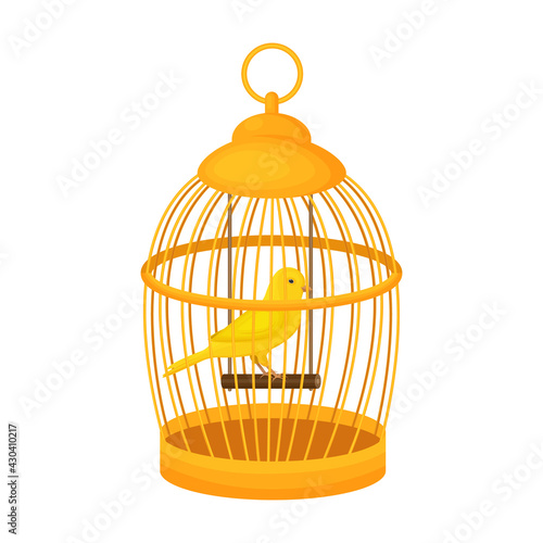 A bright yellow canary bird sits on a wooden perch in a closed golden cage. Vector illustration isolated on white background.